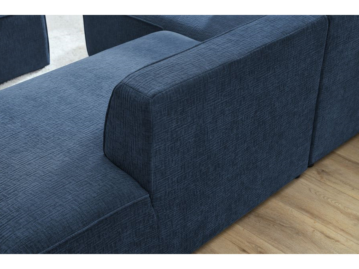 Kampinė sofa MEGEVE tekstūrinis tamsiai mėlyna dešinė siūlių detalė