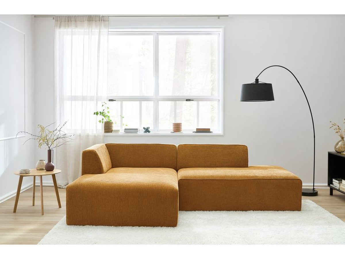 Kampinė sofa MEGEVE tekstūrinis geltona dešinė vaizdas iš šono