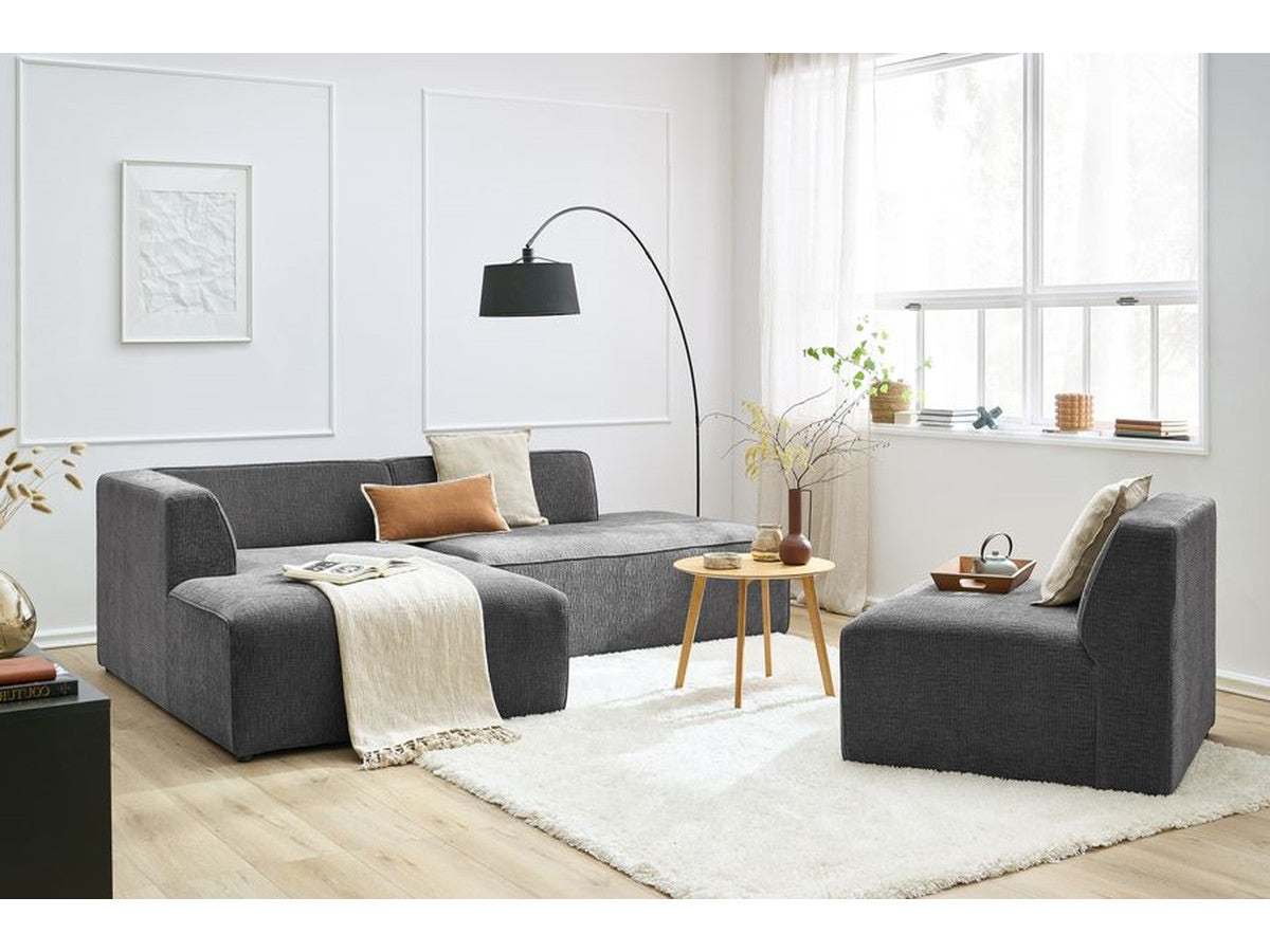 Kampinė sofa MEGEVE tekstūrinis tamsiai pilka dešinė žemas siluetas