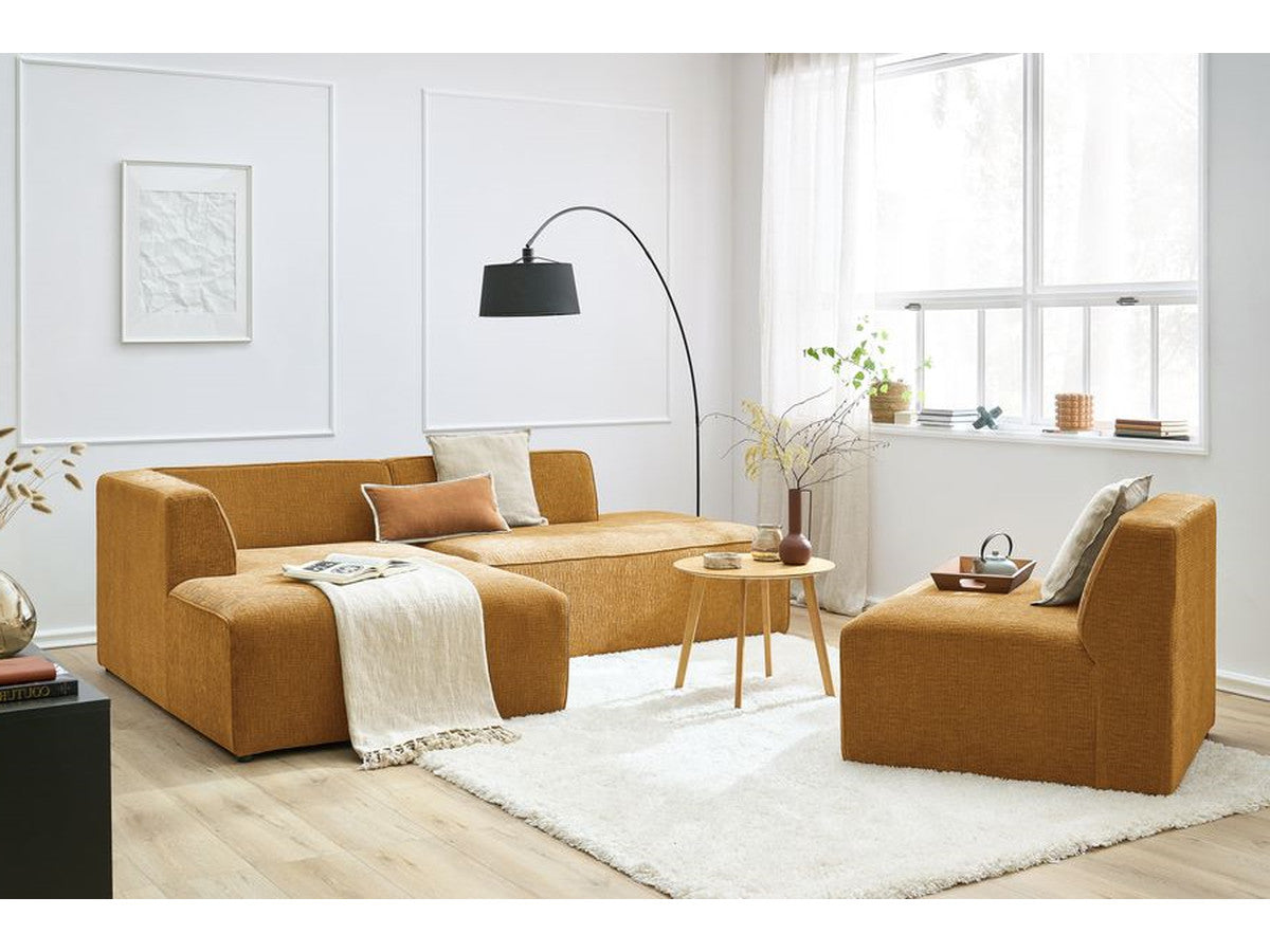 Kampinė sofa MEGEVE tekstūrinis geltona dešinė žemas siluetas