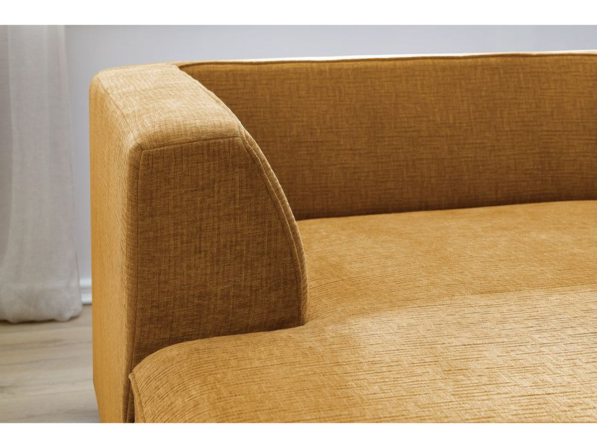 Kampinė sofa MEGEVE tekstūrinis geltona dešinė siūlių detalė