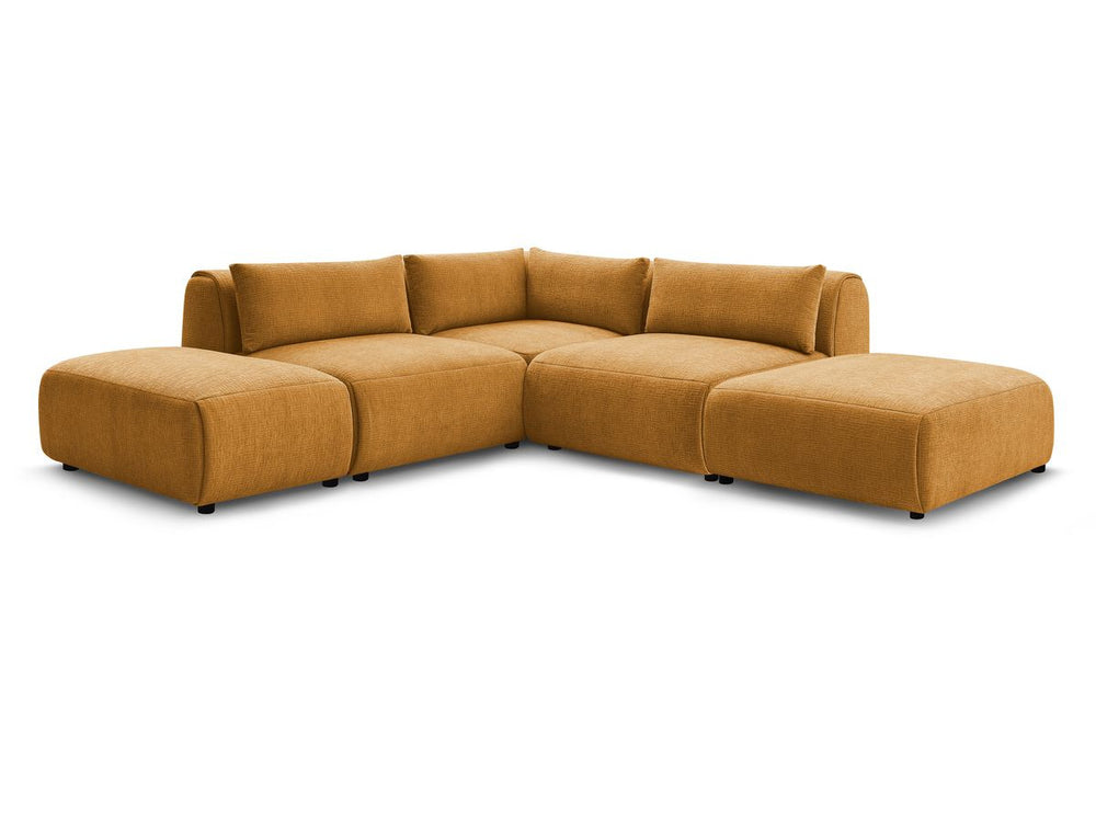 Kampinė sofa JEANNE, 2 moduliai + kampas + 2 pufai, geltona su pagalvėlėmis