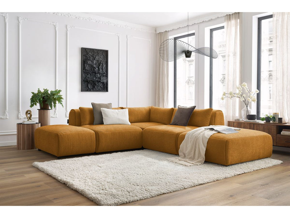 Kampinė sofa JEANNE, 2 moduliai + kampas + 2 pufai, geltona detalės vaizdas