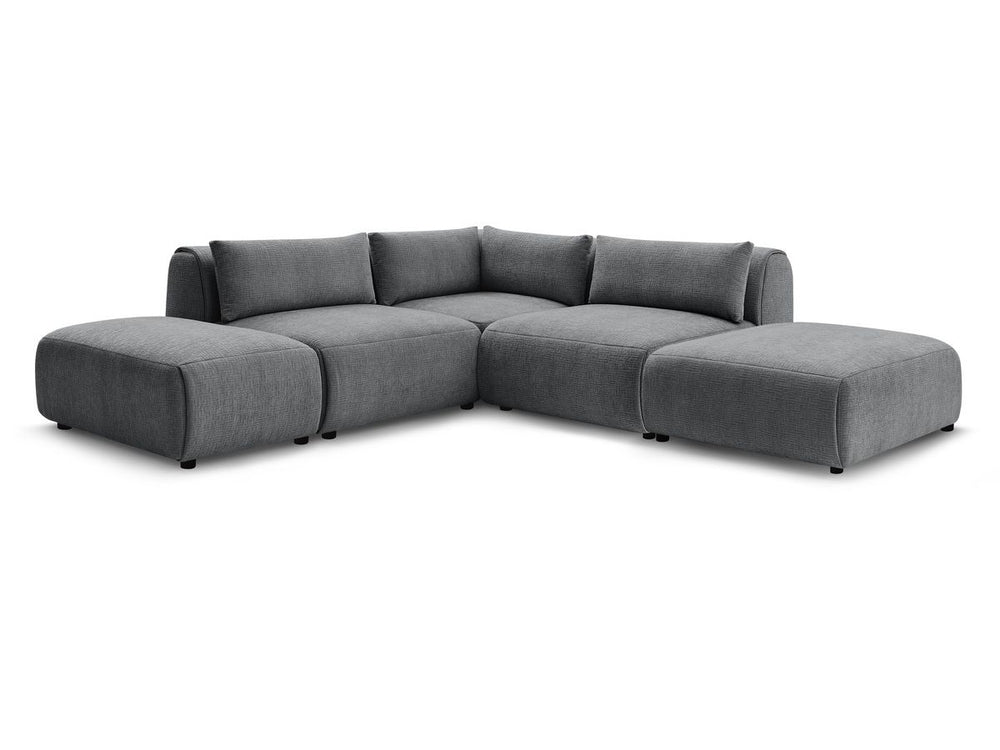 Kampinė sofa JEANNE, 2 moduliai + kampas + 2 pufai, tamsiai pilka su pagalvėlėmis