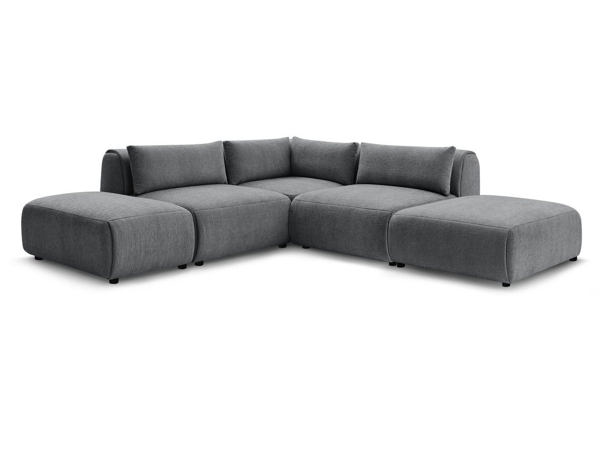 Kampinė sofa JEANNE, 2 moduliai + kampas + 2 pufai, tamsiai pilka su pagalvėlėmis