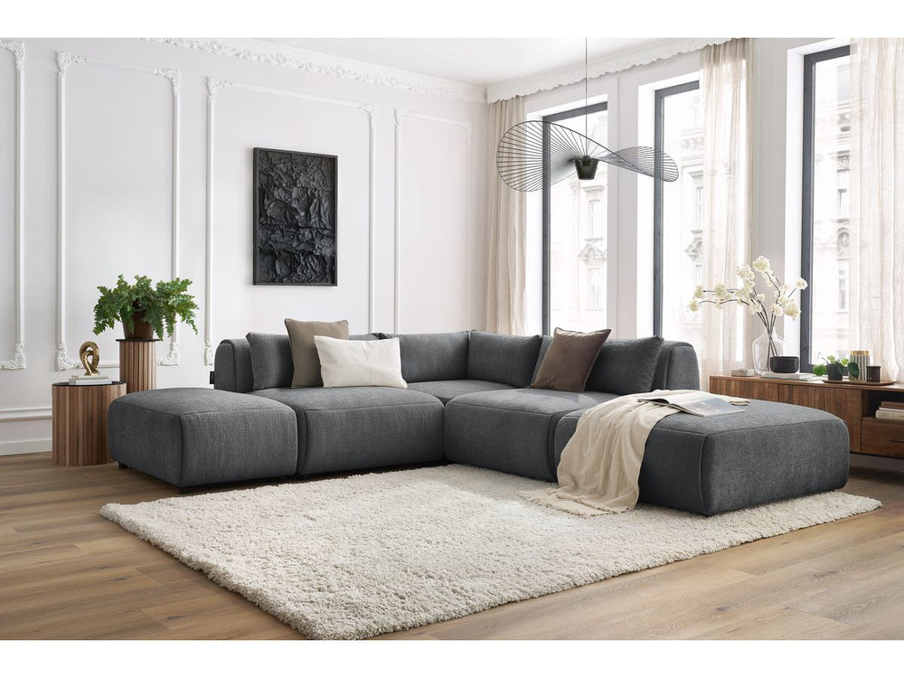 Kampinė sofa JEANNE, 2 moduliai + kampas + 2 pufai, tamsiai pilka detalės vaizdas