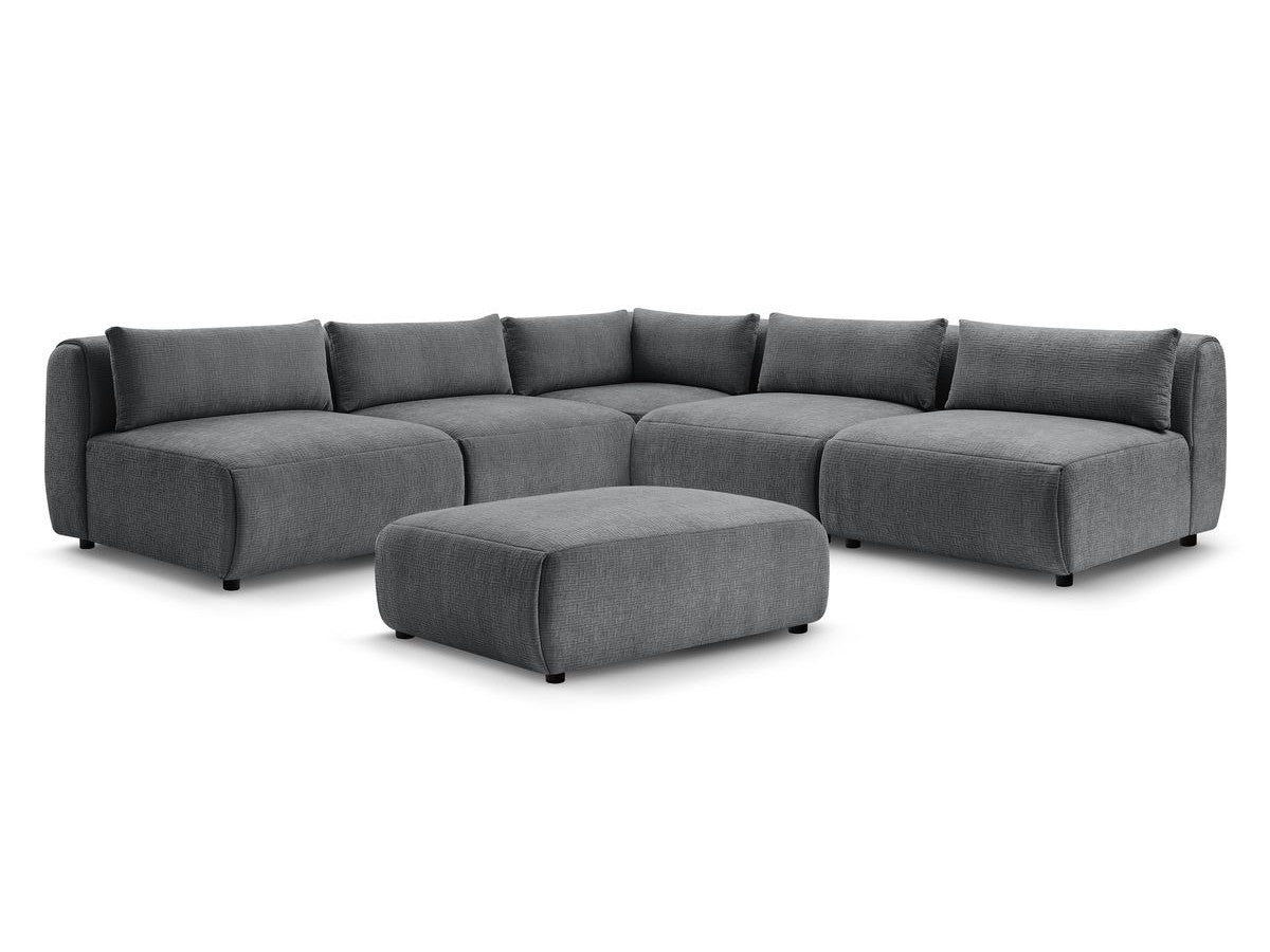 Kampinė sofa JEANNE, 4 moduliai + kampas + pufas, tamsiai pilka su pagalvėlėmis