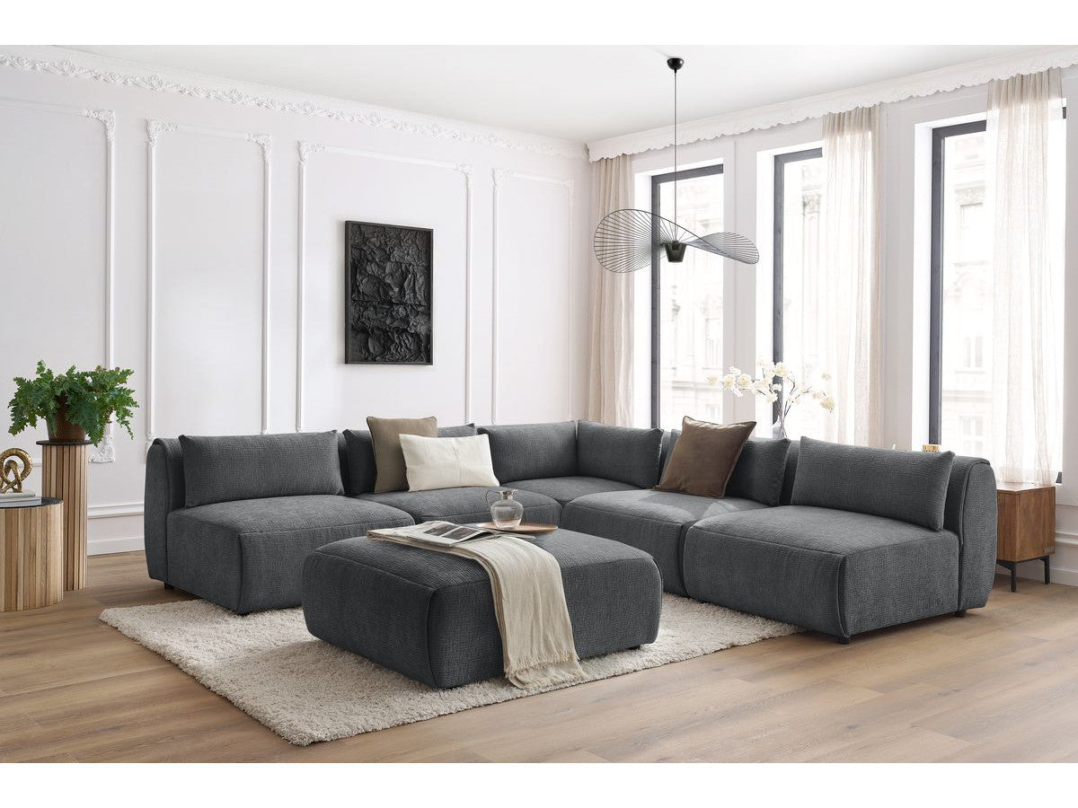 Kampinė sofa JEANNE, 4 moduliai + kampas + pufas, tamsiai pilka detalės vaizdas