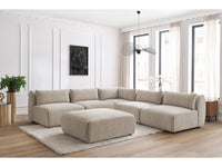 Kampinė sofa JEANNE, 4 moduliai + kampas + pufas, smėlinė šalia kavos staliuko
