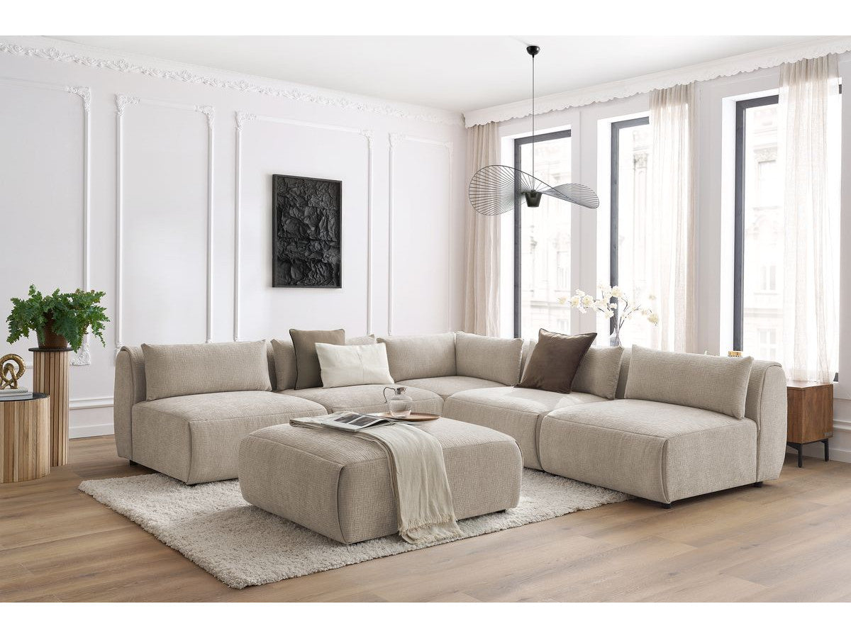 Kampinė sofa JEANNE, 4 moduliai + kampas + pufas, smėlinė detalės vaizdas
