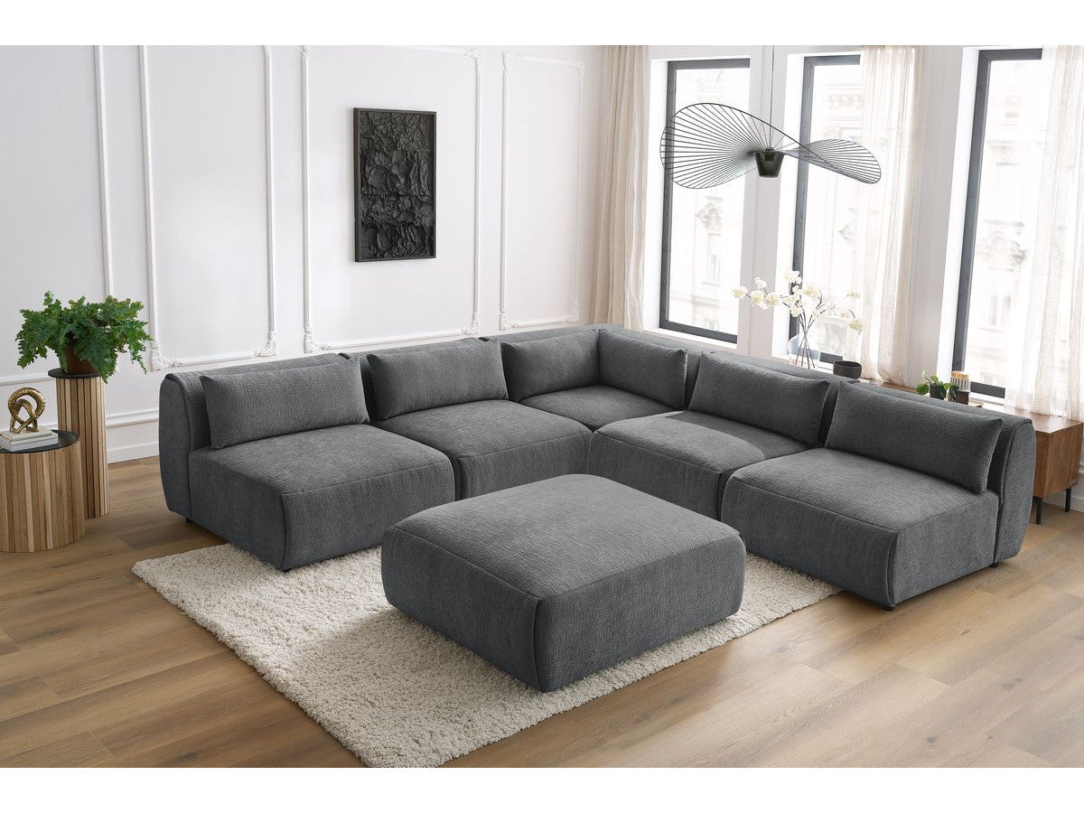 Kampinė sofa JEANNE, 4 moduliai + kampas + pufas, tamsiai pilka vaizdas iš priekio