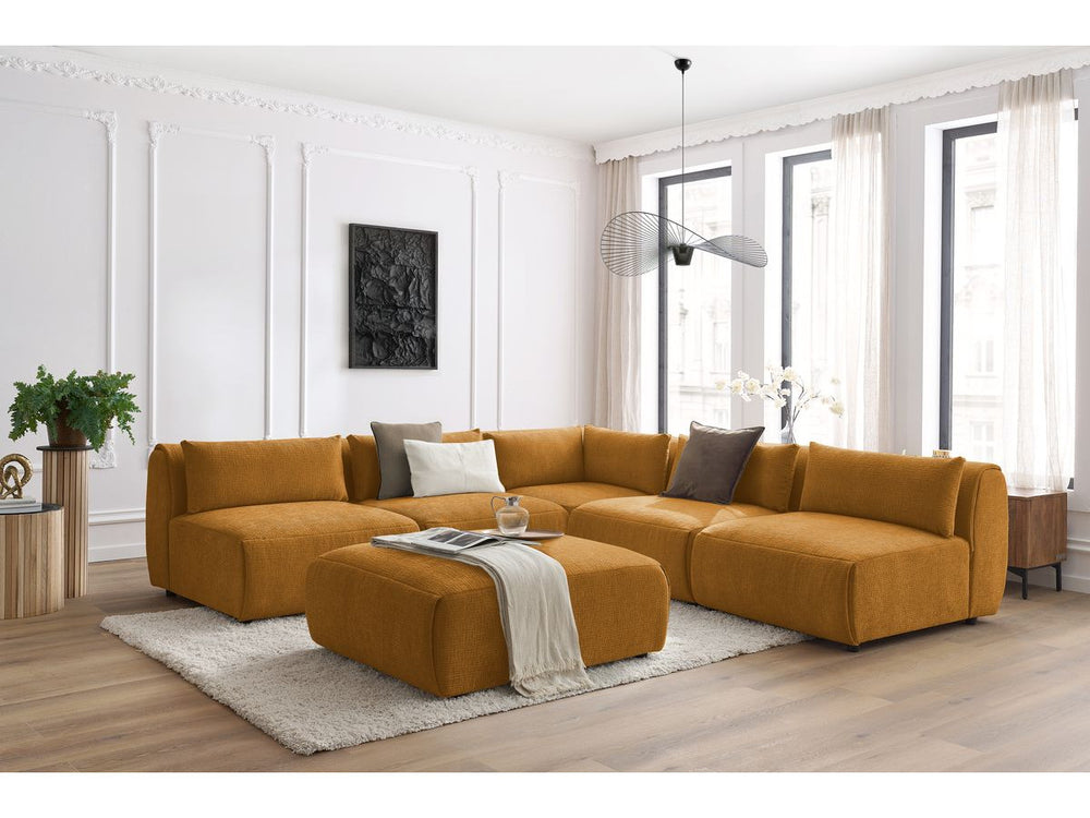 Kampinė sofa JEANNE, 4 moduliai + kampas + pufas, geltona detalės vaizdas