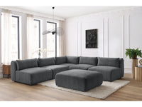 Kampinė sofa JEANNE, 4 moduliai + kampas + pufas, tamsiai pilka su pufu