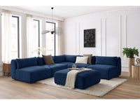 Kampinė sofa JEANNE, 4 moduliai + kampas + pufas, tamsiai mėlyna moderniame interjere