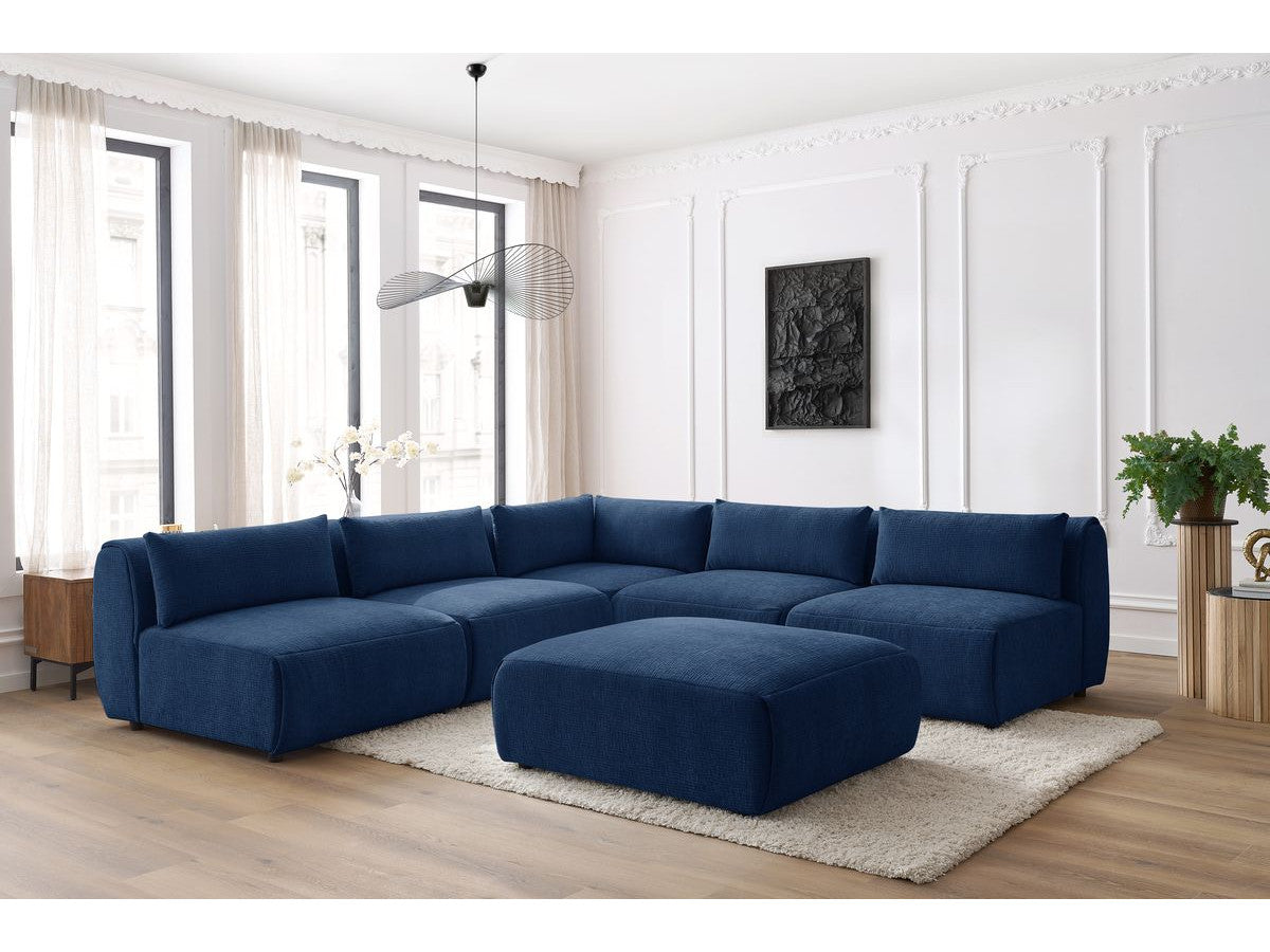 Kampinė sofa JEANNE, 4 moduliai + kampas + pufas, tamsiai mėlyna su pufu