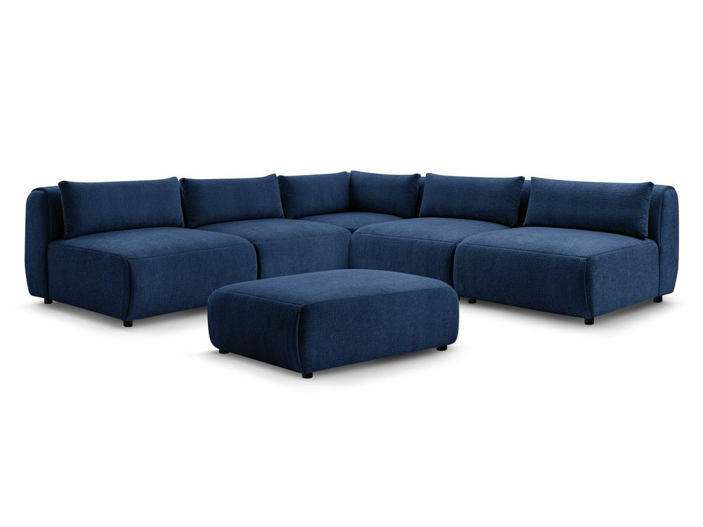 Kampinė sofa JEANNE, 4 moduliai + kampas + pufas, tamsiai mėlyna su pagalvėlėmis