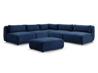 Kampinė sofa JEANNE, 4 moduliai + kampas + pufas, tamsiai mėlyna su pagalvėlėmis