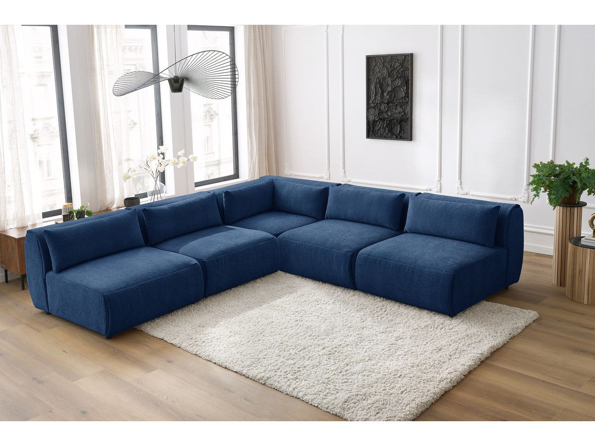 Kampinė sofa JEANNE, 4 moduliai + kampas, tamsiai mėlyna moderniame interjere
