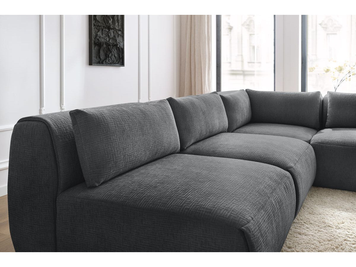 Kampinė sofa JEANNE, 4 moduliai + kampas, tamsiai pilka su pufu