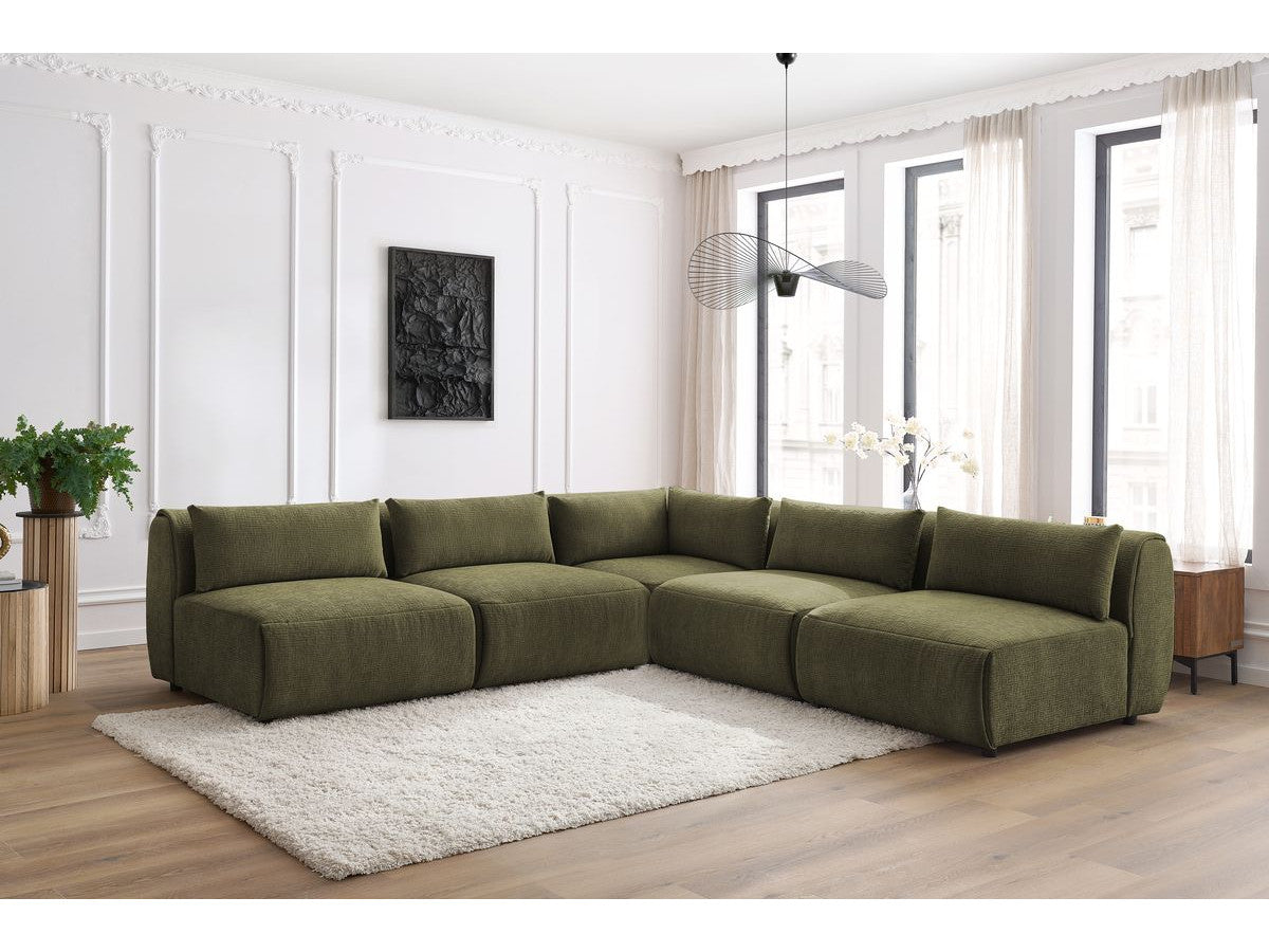 Kampinė sofa JEANNE, 4 moduliai + kampas, žalia šalia kavos staliuko