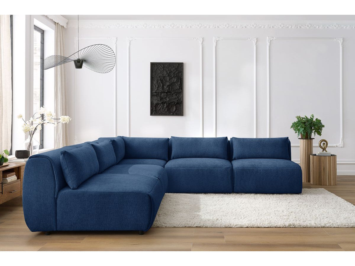 Kampinė sofa JEANNE, 4 moduliai + kampas, tamsiai mėlyna su pufu