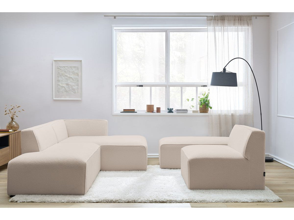 Kampinė modulinė sofa MEGEVE bouclé smėlio dešinė su foteliu ir pufu fotelio modulis
