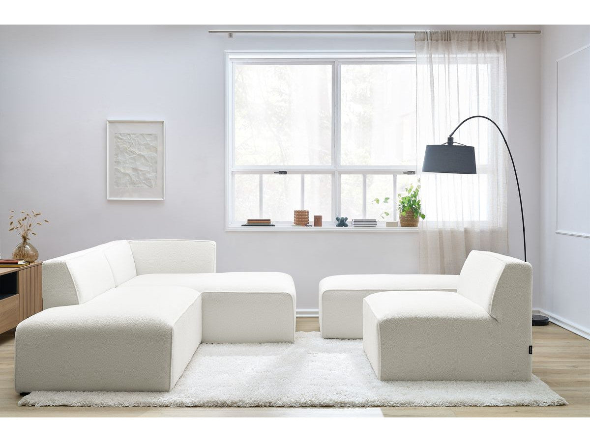 Kampinė modulinė sofa MEGEVE bouclé balta dešinė su foteliu ir pufu fotelio modulis