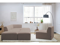 Kampinė modulinė sofa MEGEVE bouclé ruda dešinė su foteliu ir pufu bouclé tekstūra iš arti