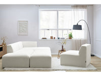 Kampinė modulinė sofa MEGEVE bouclé balta dešinė su foteliu ir pufu audinio tekstūra