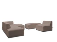 Kampinė modulinė sofa MEGEVE bouclé ruda dešinė su foteliu ir pufu bendras vaizdas