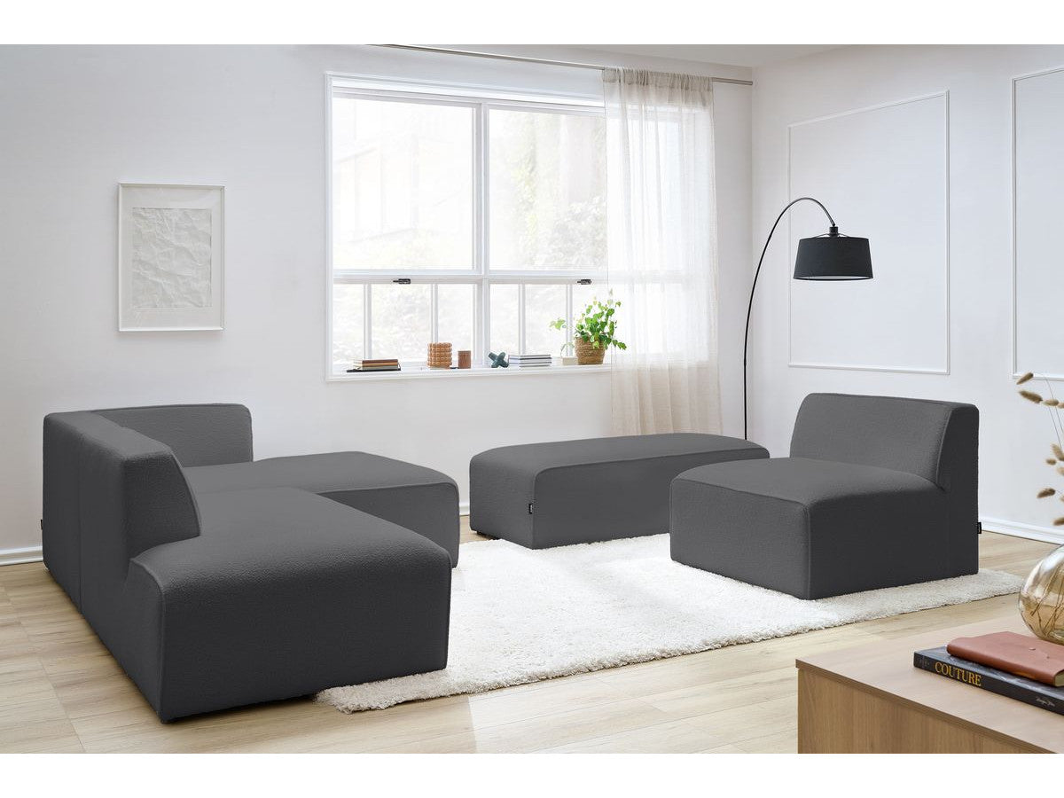 Kampinė modulinė sofa MEGEVE bouclé tamsiai pilka dešinė su foteliu ir pufu sėdimos dalies vaizdas