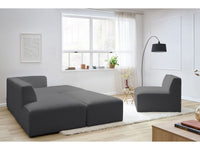 Kampinė modulinė sofa MEGEVE bouclé tamsiai pilka dešinė su foteliu ir pufu pufas šalia sofos