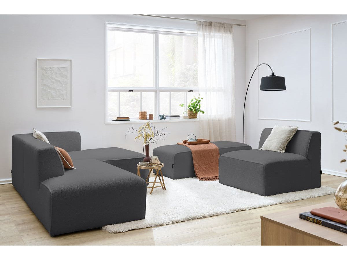 Kampinė modulinė sofa MEGEVE bouclé tamsiai pilka dešinė su foteliu ir pufu kampo dalis