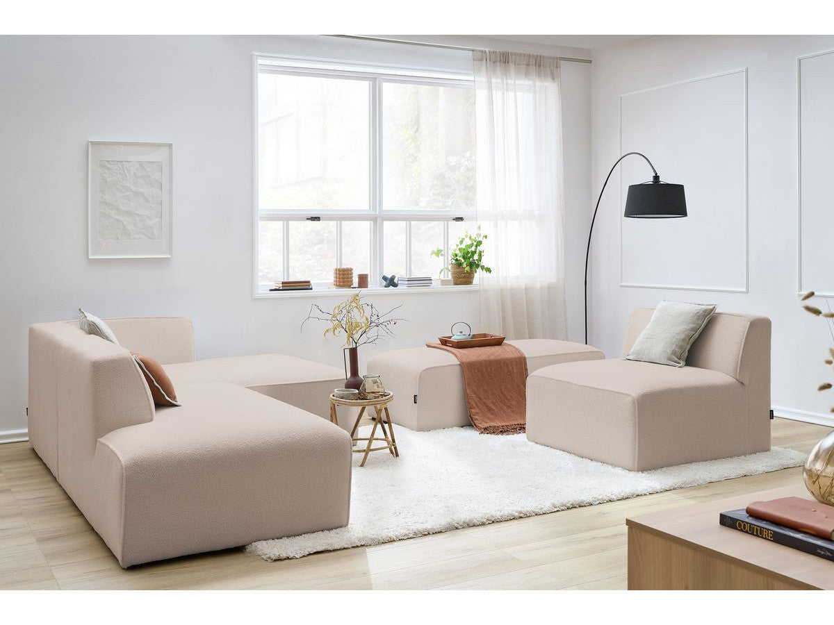 Kampinė modulinė sofa MEGEVE bouclé smėlio dešinė su foteliu ir pufu kampo dalis
