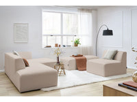 Kampinė modulinė sofa MEGEVE bouclé smėlio dešinė su foteliu ir pufu kampo dalis