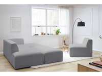 Kampinė modulinė sofa MEGEVE bouclé šviesiai pilka dešinė su foteliu ir pufu pufas šalia sofos