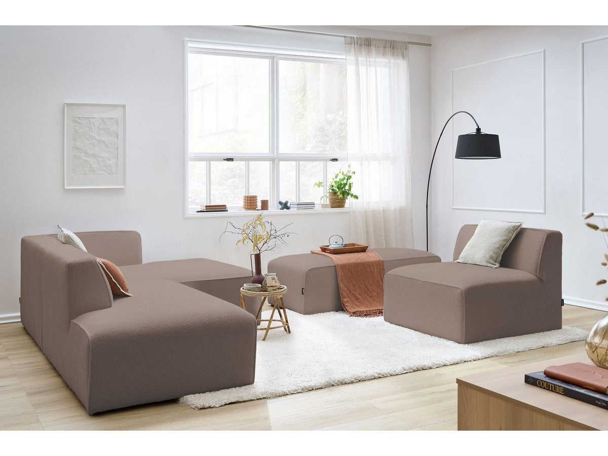 Kampinė modulinė sofa MEGEVE bouclé ruda dešinė su foteliu ir pufu kampo dalis