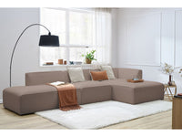 Kampinė modulinė sofa MEGEVE bouclé ruda dešinė su foteliu ir pufu žemas siluetas