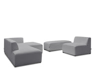 Kampinė modulinė sofa MEGEVE bouclé šviesiai pilka dešinė su foteliu ir pufu bendras vaizdas