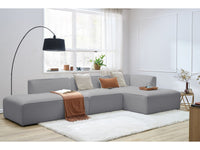 Kampinė modulinė sofa MEGEVE bouclé šviesiai pilka dešinė su foteliu ir pufu žemas siluetas