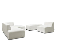 Kampinė modulinė sofa MEGEVE bouclé balta dešinė su foteliu ir pufu bendras vaizdas