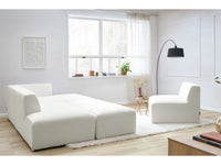 Kampinė modulinė sofa MEGEVE bouclé balta dešinė su foteliu ir pufu pufas šalia sofos
