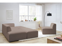 Kampinė modulinė sofa MEGEVE bouclé ruda dešinė su foteliu ir pufu pufas šalia sofos