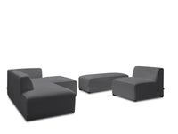 Kampinė modulinė sofa MEGEVE bouclé tamsiai pilka dešinė su foteliu ir pufu bendras vaizdas