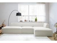 Kampinė modulinė sofa MEGEVE bouclé balta dešinė su foteliu ir pufu vaizdas iš šono