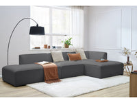 Kampinė modulinė sofa MEGEVE bouclé tamsiai pilka dešinė su foteliu ir pufu žemas siluetas