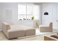 Kampinė modulinė sofa MEGEVE bouclé smėlio dešinė su foteliu ir pufu pufas šalia sofos