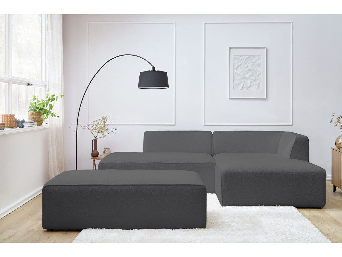 Kampinė sofa MEGEVE tamsiai pilka spalva dešininis kampas su pufu pufas priekyje