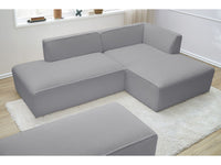 Kampinė sofa MEGEVE šviesiai pilka spalva dešininis kampas su pufu detalė iš arti