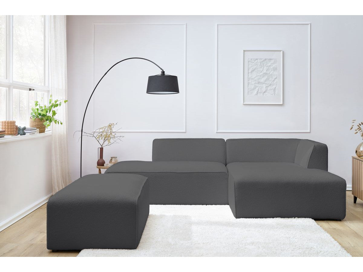 Kampinė sofa MEGEVE tamsiai pilka spalva dešininis kampas su pufu sėdimos dalies vaizdas